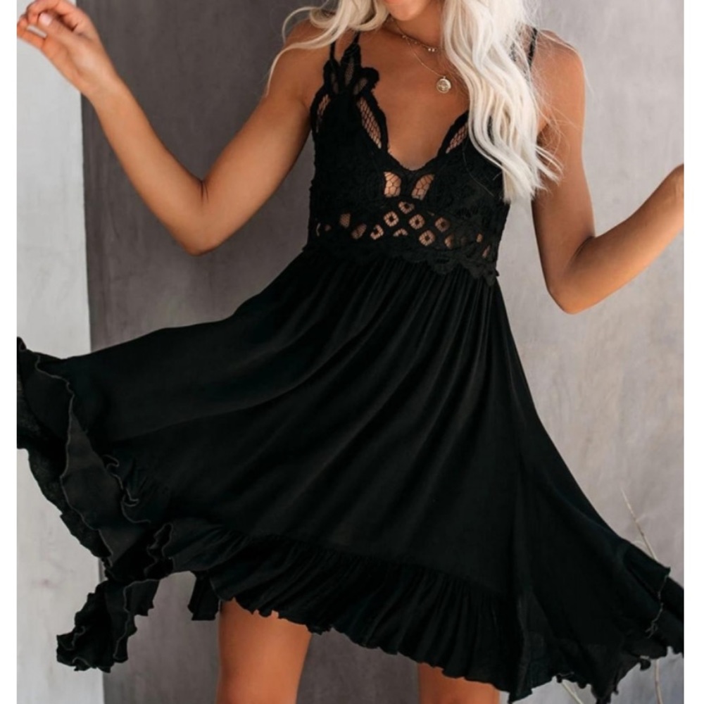 Black Crochet Lace Ruffle Dress - Picture 4 of 6